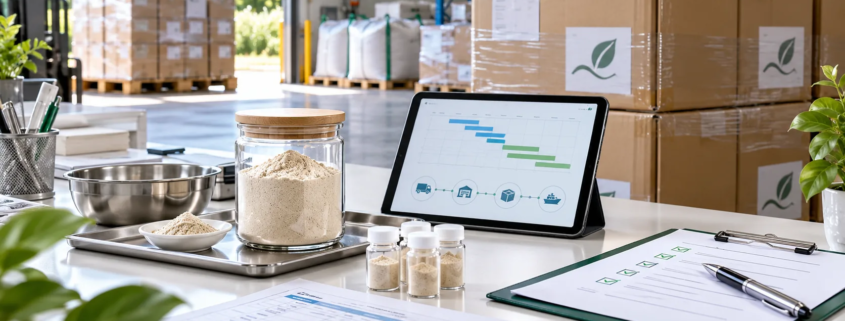 Earthworm peptide bulk purchasing desk with powder samples, supplier documents, sealed cartons, and logistics planning tablet
