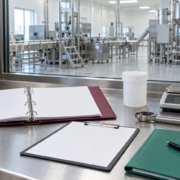 Conceptual audit station with blank evidence binder, checklist clipboard, sealed sample container, digital balance, sampling tool, and generic processing room