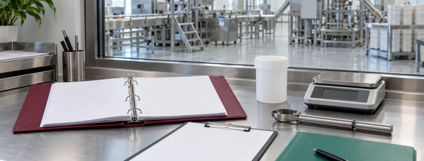 Conceptual audit station with blank evidence binder, checklist clipboard, sealed sample container, digital balance, sampling tool, and generic processing room