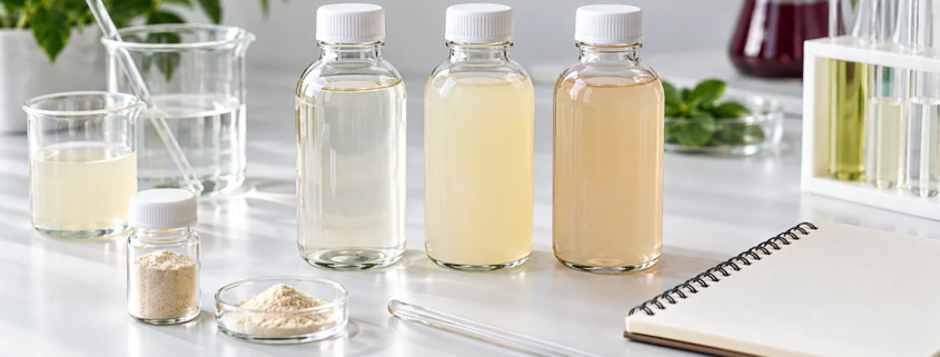 Conceptual beverage trial bench with unbranded prototype bottles, mixing beakers, generic powder sample vial, stirring rod, and blank notebook