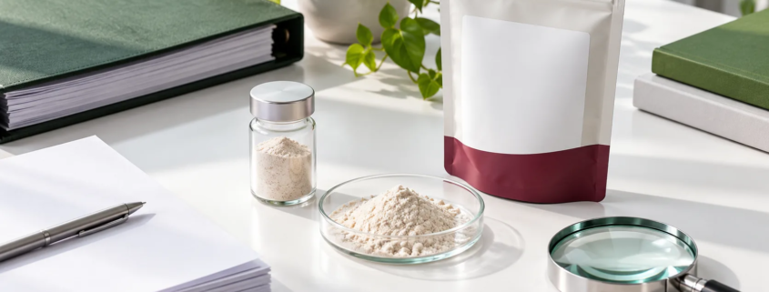 Conceptual ingredient evidence review with a sample vial, generic powder dish, blank papers, project binder, prototype pouch, and magnifying glass
