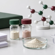 Conceptual research evaluation desk with unbranded sample vials, powder dish, membrane filter, blank papers, binder, and a generic molecular teaching model