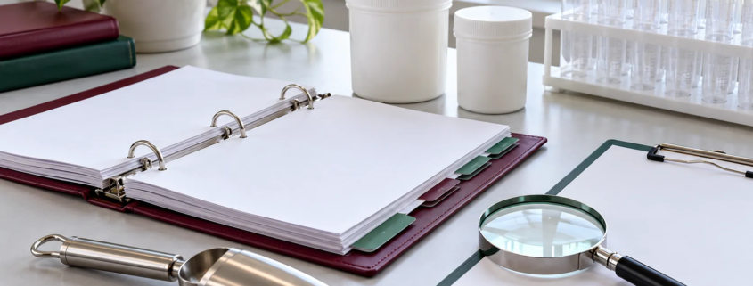 Conceptual quality review desk with sealed opaque sample containers, open blank binder, sampling scoop, magnifying glass, clipboard, and capped tubes