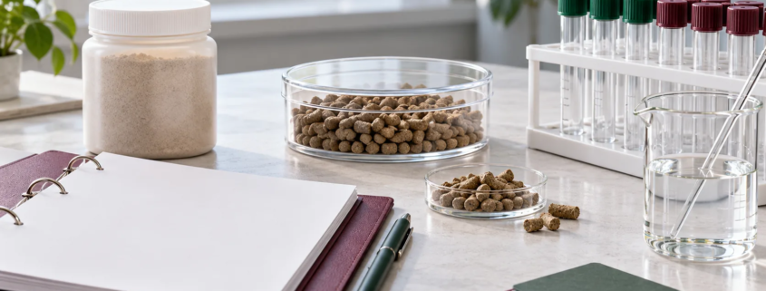 Conceptual application research table with sealed sample jar, generic feed pellets, laboratory tubes, mixing beaker, and blank project binder