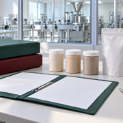 Conceptual project review table with binders, sample jars, sealed pouch, blank carton, pen, and ruler beside a generic packing room