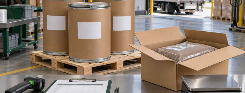 Conceptual export inspection station with closed fiber drums, pallet, sealed inner pouch in a carton, barcode scanner, packing clipboard, and digital scale