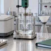Conceptual extraction research bench with closed centrifuge, stirred glass vessel, filtration flask, capped bottles, and green process folder
