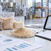 Earthworm protein powder sample with market outlook charts, supplier documents, and production planning materials