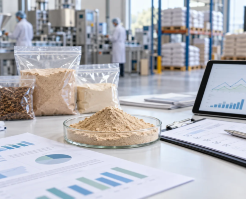 Earthworm protein powder sample with market outlook charts, supplier documents, and production planning materials