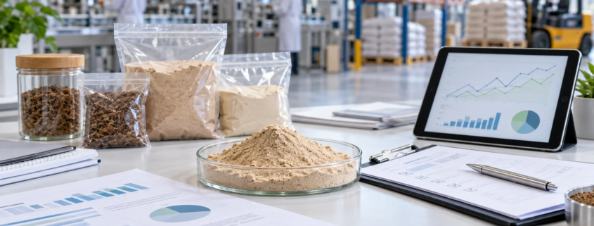 Earthworm protein powder sample with market outlook charts, supplier documents, and production planning materials