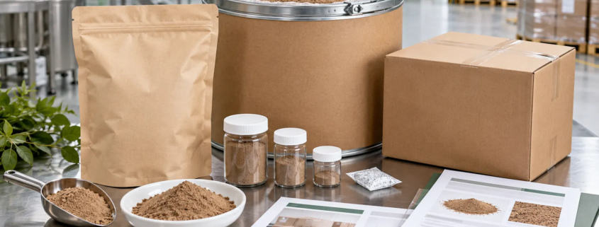 Earthworm protein powder packaging options with lined drum, sealed pouch, sample jars, and export cartons