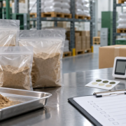 Earthworm protein powder sample bags with storage checklist, humidity control tools, and warehouse quality review materials