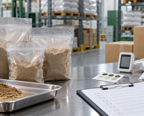 Earthworm protein powder sample bags with storage checklist, humidity control tools, and warehouse quality review materials