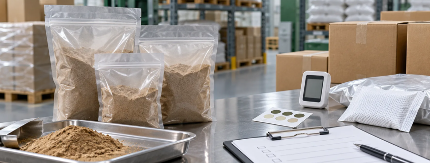 Earthworm protein powder sample bags with storage checklist, humidity control tools, and warehouse quality review materials