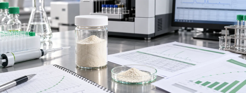 Lumbrokinase powder sample with activity-unit charts, COA documents, and lab testing equipment