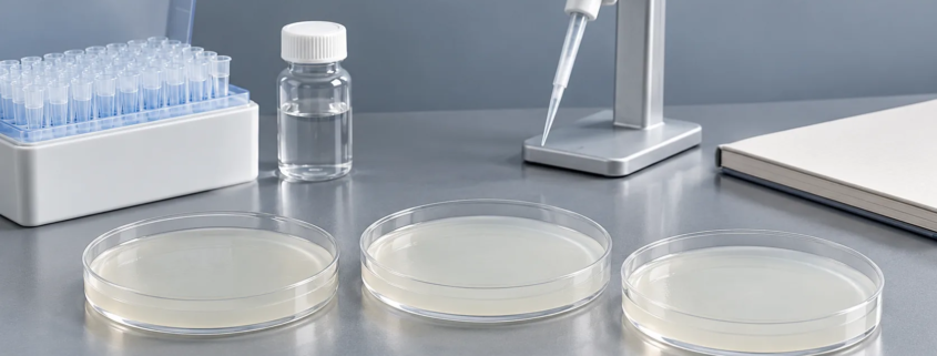 Conceptual assay-preparation bench with three Petri dishes of uniform gel without clearing zones, a micropipette, reagent vial, and unmarked notebook