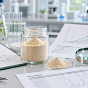 Lumbrokinase powder sample with supplier QA checklist, COA documents, and ingredient review materials