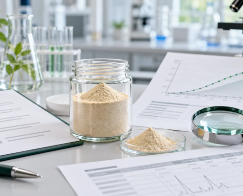 Lumbrokinase powder sample with supplier QA checklist, COA documents, and ingredient review materials