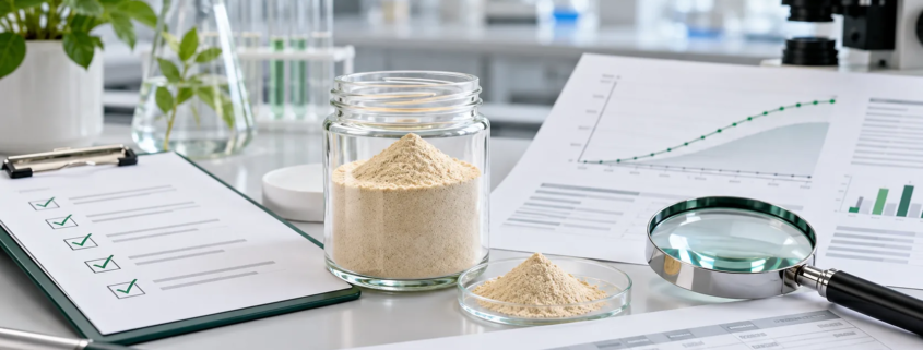 Lumbrokinase powder sample with supplier QA checklist, COA documents, and ingredient review materials