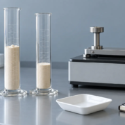 Hausner Ratio and Carr Index: Screening Earthworm Peptide Powder Flow featured image Conceptual powder-flow laboratory setup with two glass cylinders, a generic tapping-density instrument, an empty weighing dish, and a blank notebook