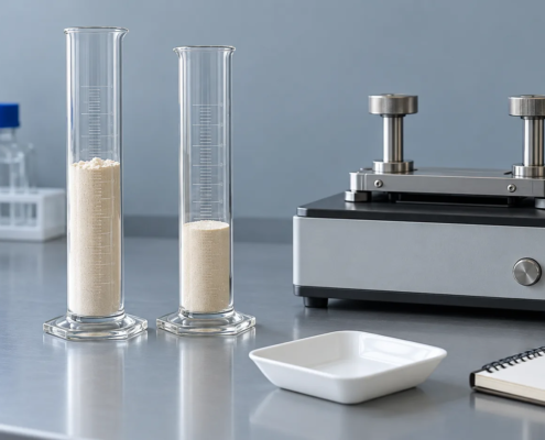 Conceptual powder-flow laboratory setup with two glass cylinders, a generic tapping-density instrument, an empty weighing dish, and a blank notebook