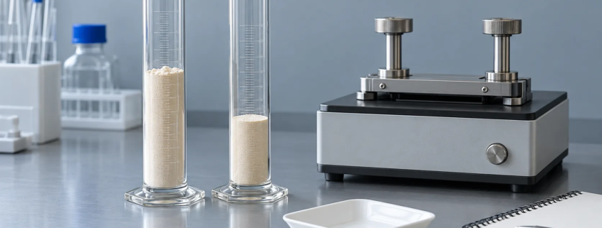 Conceptual powder-flow laboratory setup with two glass cylinders, a generic tapping-density instrument, an empty weighing dish, and a blank notebook