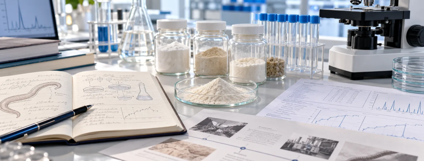 Lumbrokinase enzyme research desk with powder samples, lab glassware, microscope, and historical research documents