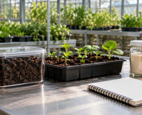 Conceptual greenhouse research table with separate compost-like material, seedling soil tray, sealed generic protein sample jar, and blank notebook