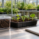 Conceptual greenhouse research table with separate compost-like material, seedling soil tray, sealed generic protein sample jar, and blank notebook