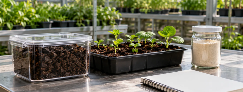 Conceptual greenhouse research table with separate compost-like material, seedling soil tray, sealed generic protein sample jar, and blank notebook
