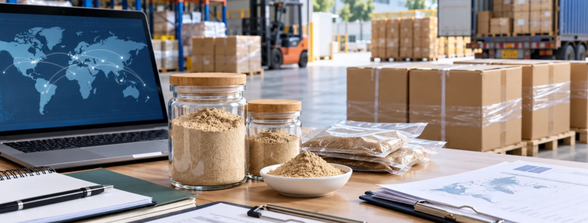 Earthworm protein powder samples with export cartons, shipping documents, and warehouse loading area for import planning