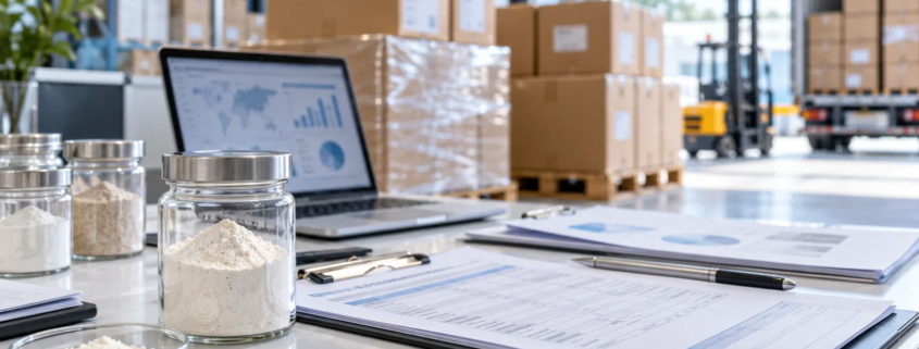 Lumbrokinase powder import planning desk with sample jars, shipping documents, sealed cartons, and warehouse handoff area