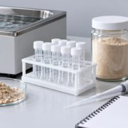 In Vitro Protein Digestibility: Planning an Earthworm Protein Evaluation featured image Conceptual digestion-research bench with a generic water bath, capped clear sample tubes, unbranded powder jar, micropipette, and blank notebook