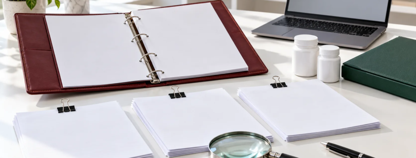 Conceptual document verification desk with blank report sheets, open binder, magnifying glass, sample containers, laptop, and pen