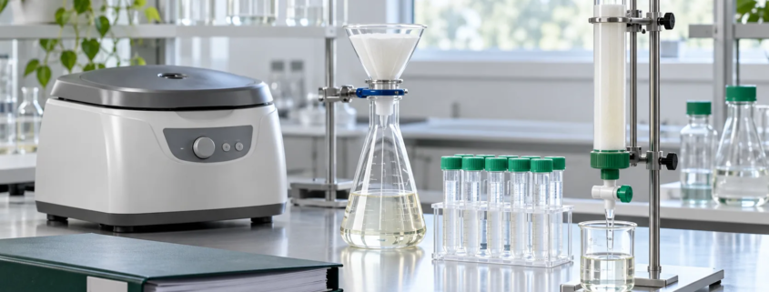 Conceptual biochemical separation bench with closed centrifuge, filtration glassware, capped collection tubes, chromatography column, and process binder