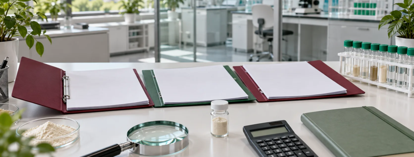 Conceptual ingredient market research desk with separate folders, sample vial, magnifying glass, calculator, notebook, and capped sample tubes