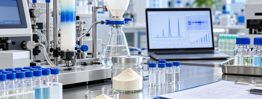 Lumbrokinase purification and quality control lab bench with chromatography equipment, sample vials, powder sample, and batch documents