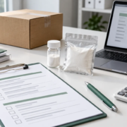 Lumbrokinase RFQ Checklist: What to Include Before Requesting a Bulk Quote featured image Conceptual ingredient RFQ desk with checklist, unbranded sample containers, quotation laptop, calculator, and shipping carton