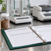 Conceptual ingredient quality-control bench with powder jars, analytical balance, moisture analyzer, sample tubes, sampling scoop, and specification binder