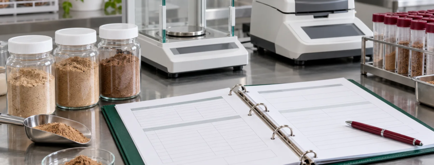 Conceptual ingredient quality-control bench with powder jars, analytical balance, moisture analyzer, sample tubes, sampling scoop, and specification binder
