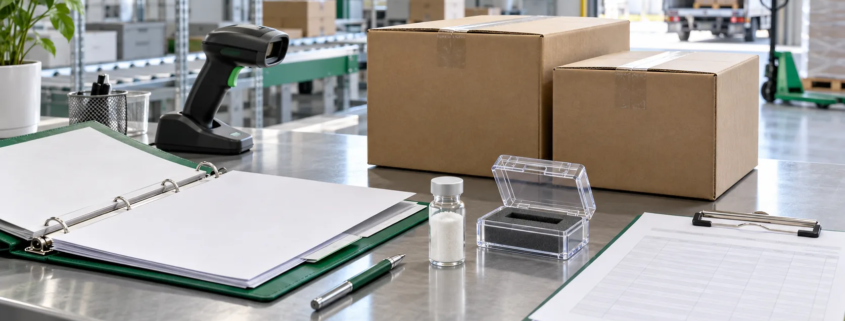 Conceptual exporter verification desk with closed cartons, sample vial, protective case, barcode scanner, lot-record folder, and packing clipboard