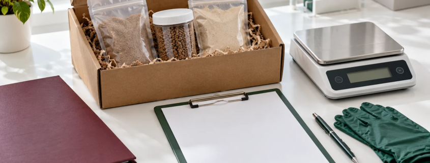 Conceptual sample evaluation desk with sealed pouches and jar in a protective box, blank clipboard, folder, digital balance, pen, and gloves