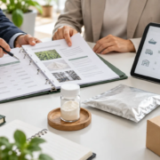 Conceptual supplier review meeting with hands examining quality documents, unbranded sample containers, planning tablet, and cartons