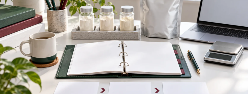 Conceptual ingredient project planning desk with binder, sample jars, sealed pouch, sequence cards, laptop, pen, and digital scale