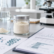 Bioactive peptide powder sample with laboratory QA documents, peptide profile chart, and sourcing review materials