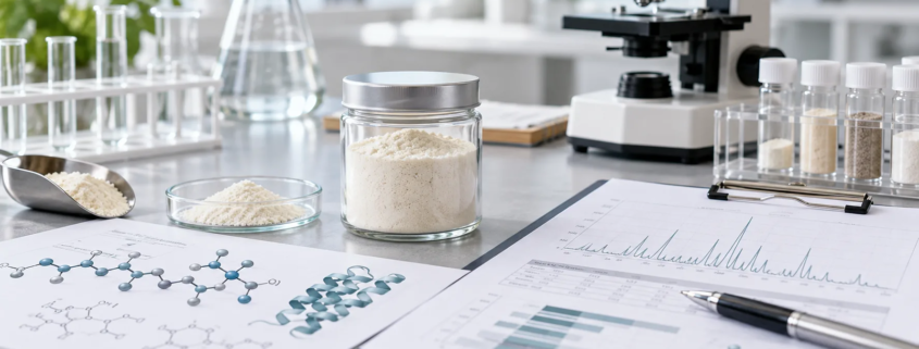 Bioactive peptide powder sample with laboratory QA documents, peptide profile chart, and sourcing review materials
