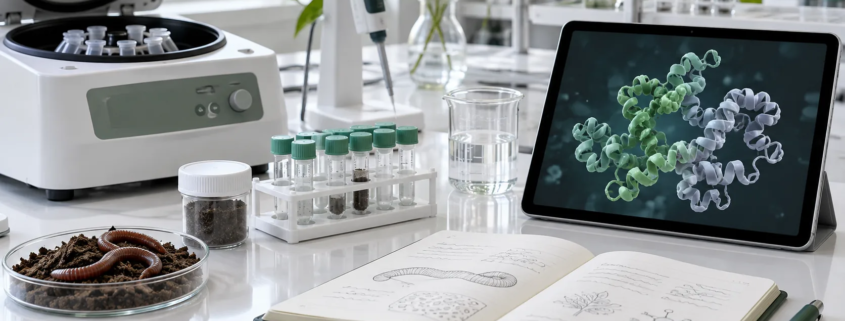 Conceptual protein research bench with centrifuge, pipette, capped sample tubes, notebook, and an illustrative protein model on a tablet