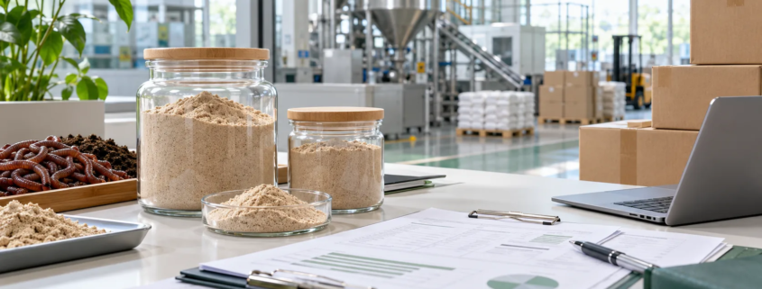 Earthworm protein powder samples, supplier documents, cartons, and a clean manufacturing office for direct sourcing review