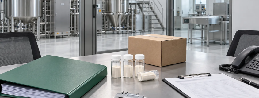 Conceptual manufacturer consultation table with process folder, sample vials, packing carton, caliper, clipboard, and telephone beside a generic processing room