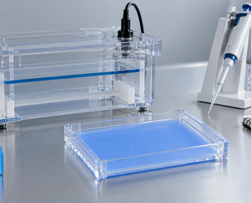 Conceptual electrophoresis workbench with a transparent gel tank, micropipette, uniformly blue gel without activity bands, and an unmarked notebook